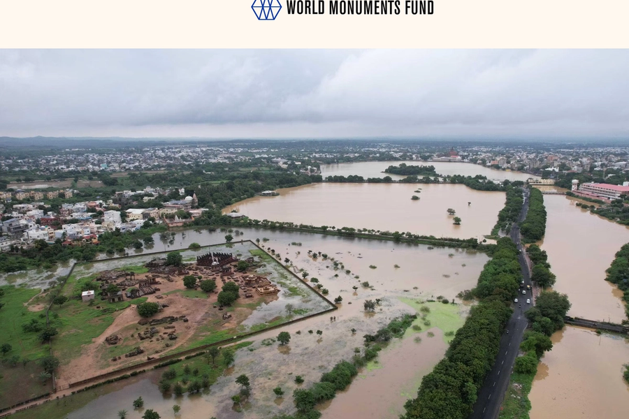 Aerial view of Bhuj's central artificial lake system, showing Chhatardi and Hamirsar Lakes.