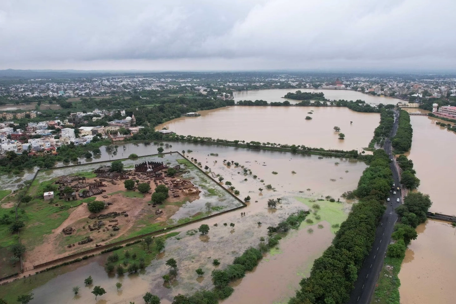 Aerial view of Bhuj's central artificial lake system, showing Chhatardi and Hamirsar Lakes.