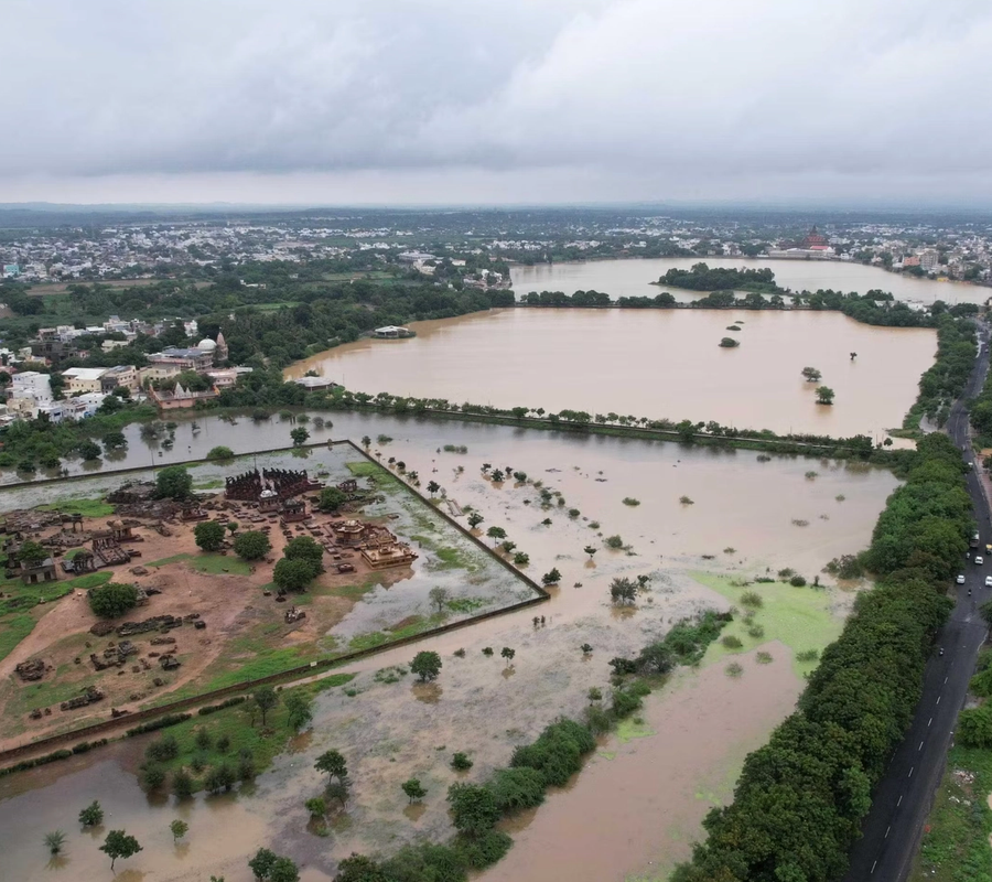 Aerial view of Bhuj's central artificial lake system, showing Chhatardi and Hamirsar Lakes.
