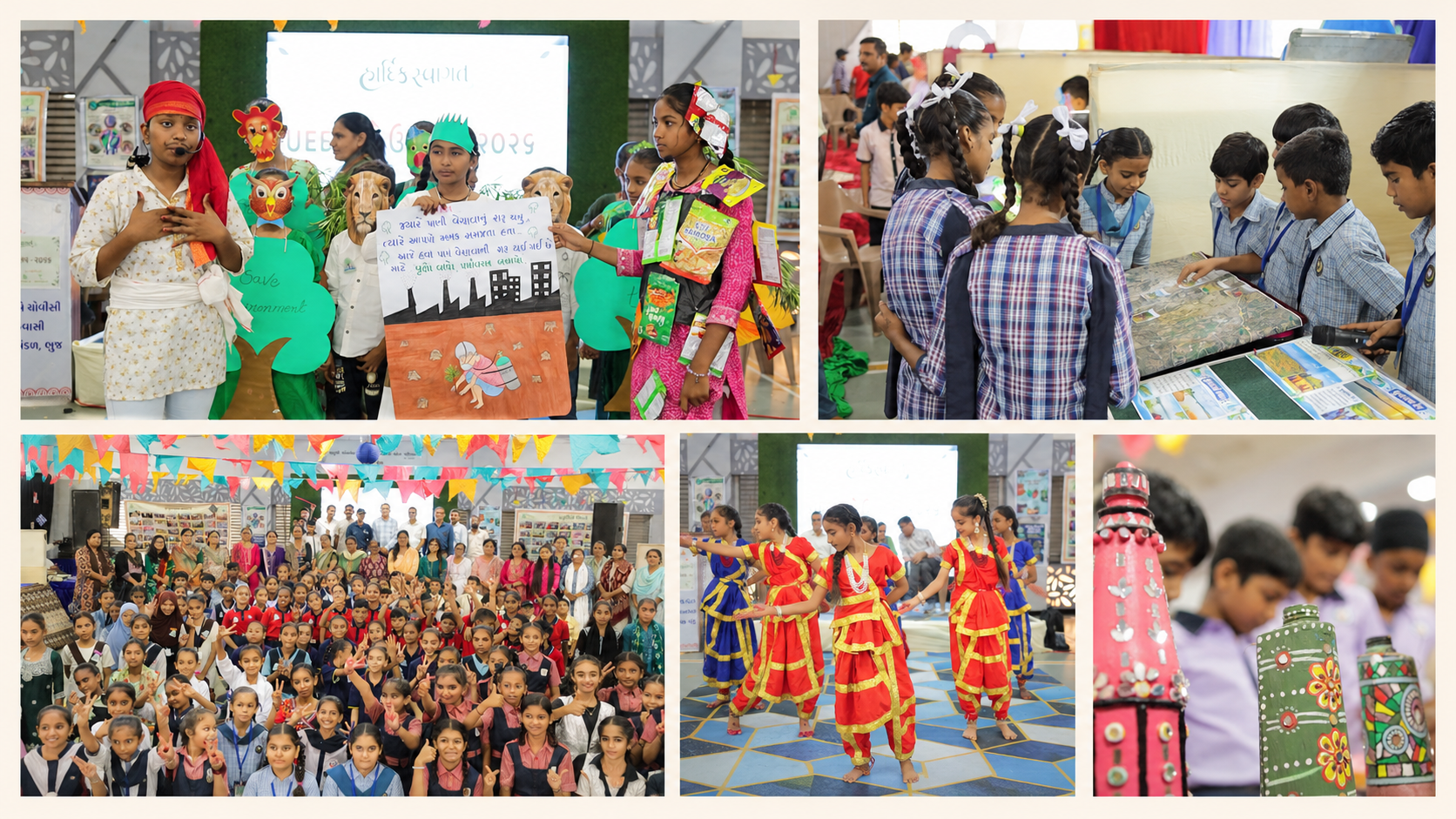 Collage of five photos from the events, where students are doing different activities. 