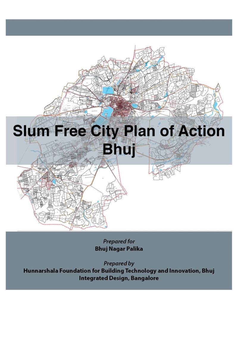 Cover of Slum Free City Report with a map of Bhuj in the background and author details
