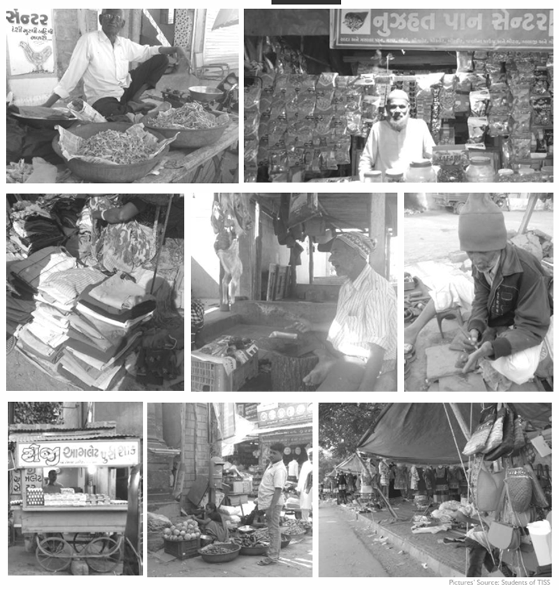 A collage of 8 pictures showing the street vendors.