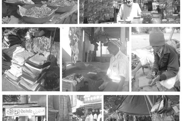 A collage of 8 pictures showing the street vendors.