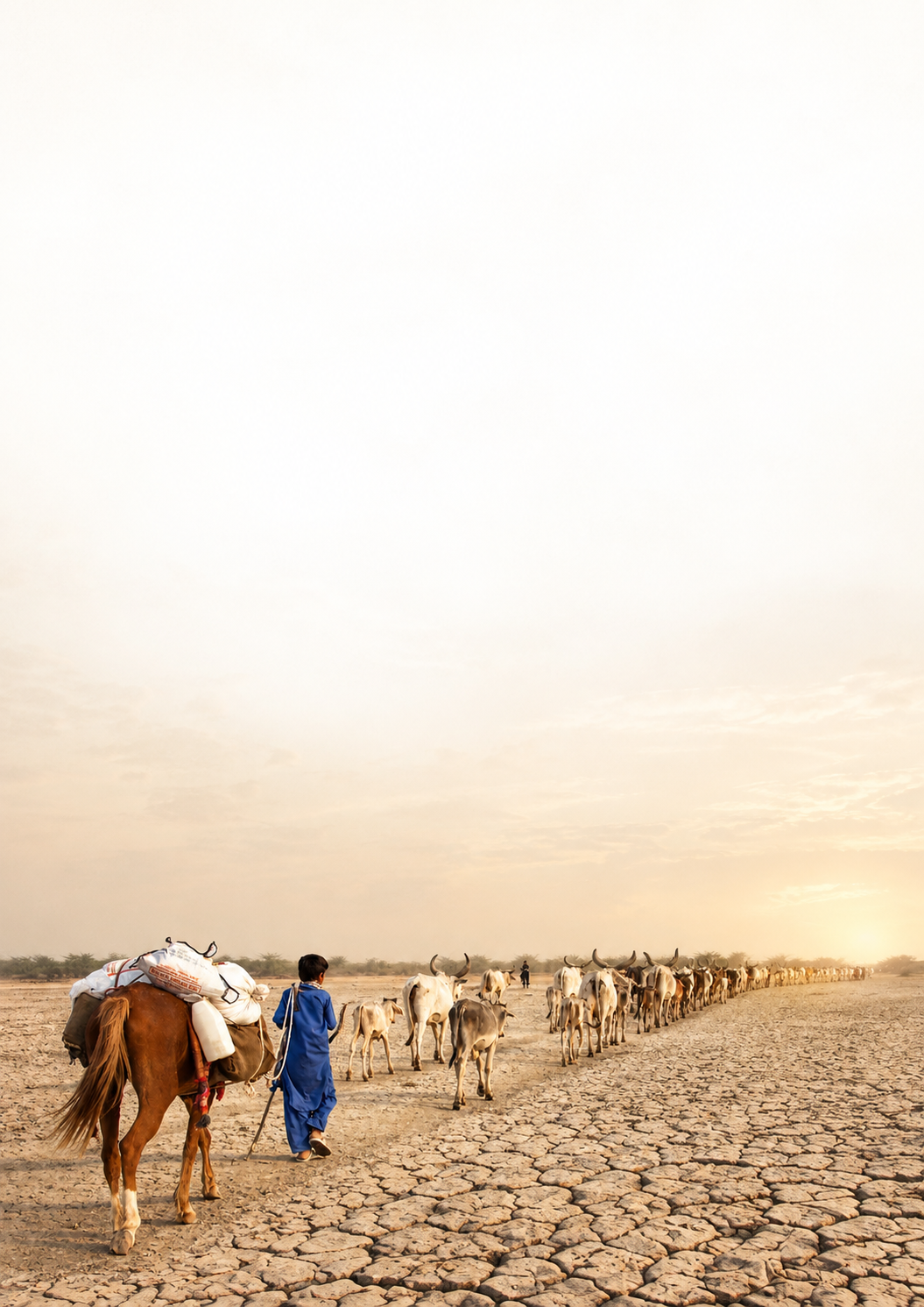 A boy guiding a herd of livestock through deserted terrain.