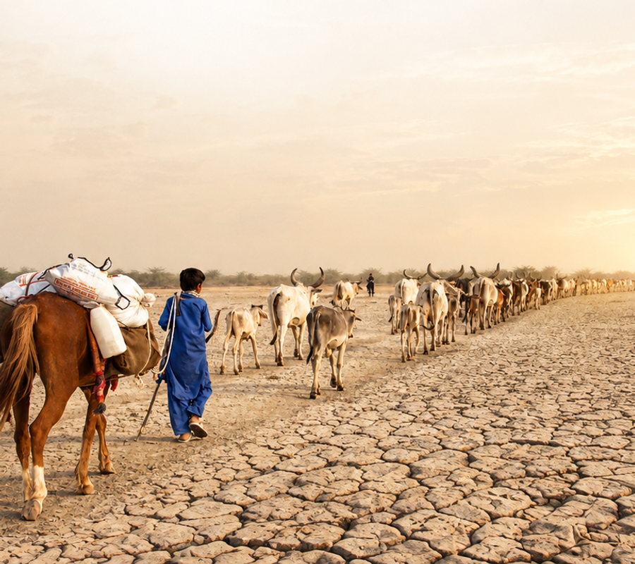 A boy guiding a herd of livestock through deserted terrain.