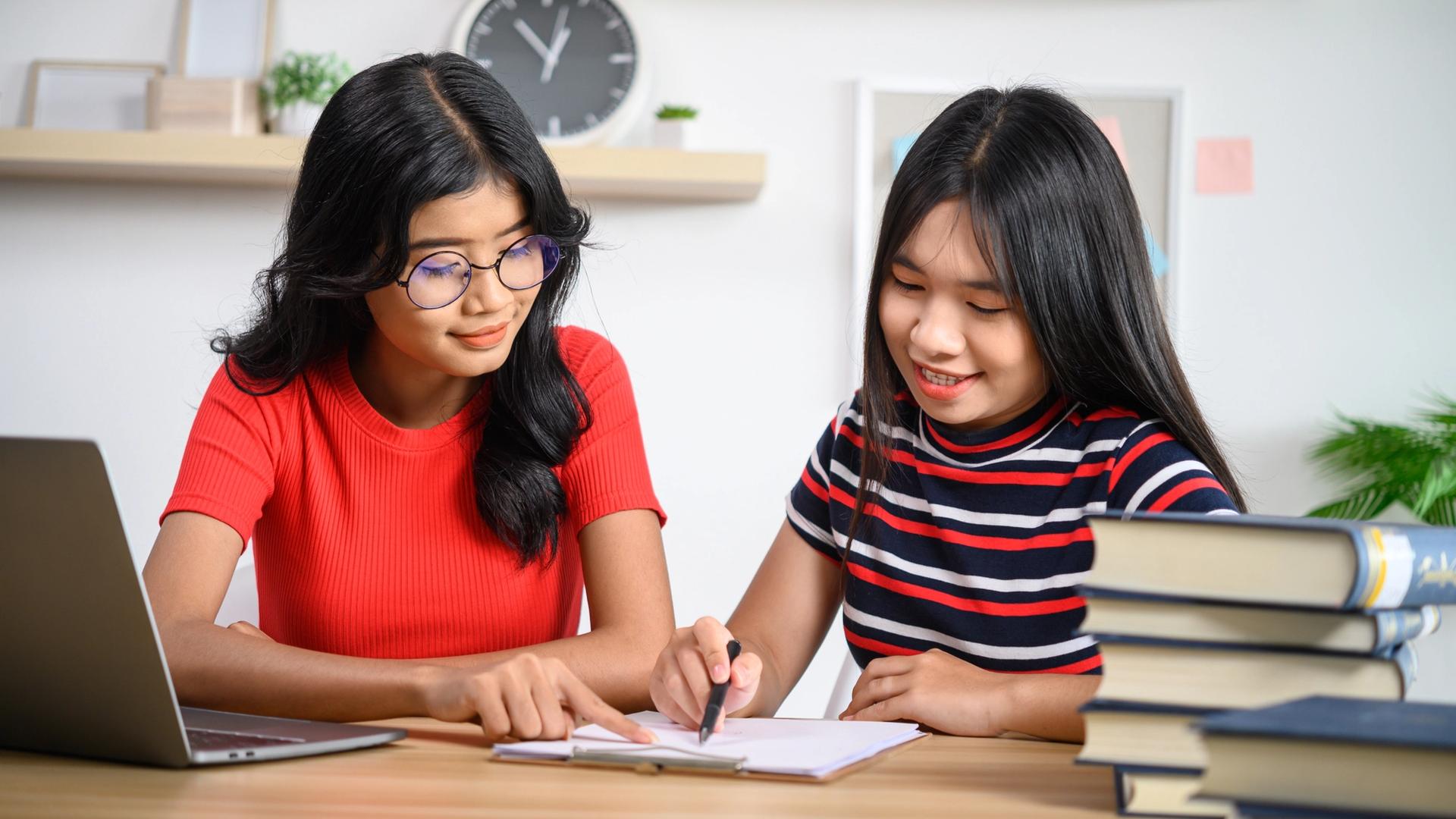 Tutor explaining a concept simply to a student during a one-to-one lesson using notes and examples