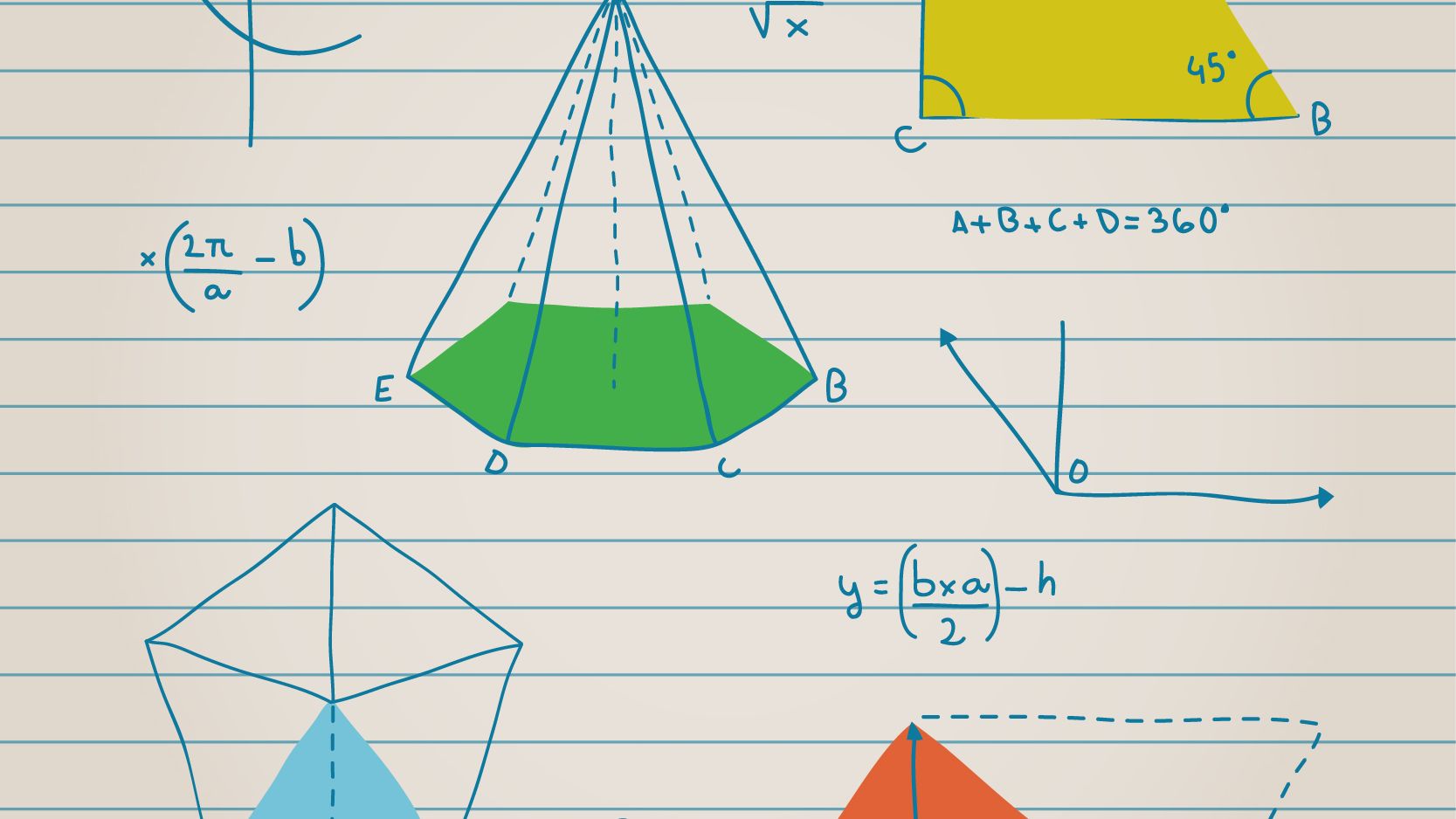 Hand-drawn mathematical diagrams, formulas, and equations on a lined notebook page.
