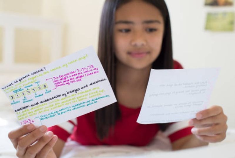 Secondary school student practising active recall using handwritten flashcards while studying at home