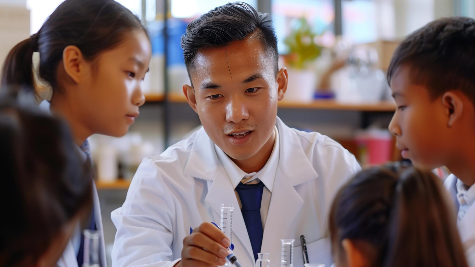 Teacher in a lab coat explaining a science experiment to young students.