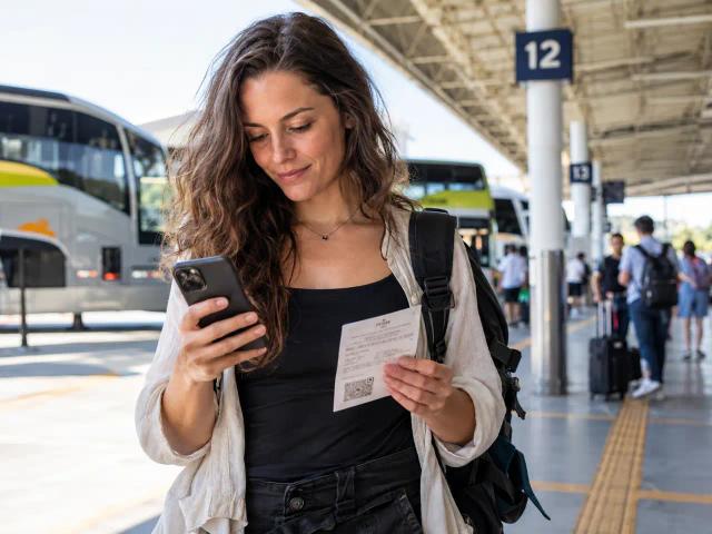 Reisende mit Busticket und Smartphone an einem brasilianischen Busbahnhof
