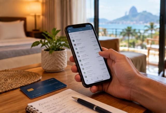 Reisender prüft Kartenzahlungen in der Banking-App während einer Brasilienreise