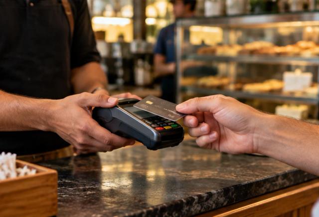 Kontaktlose Kartenzahlung an einer Maquininha in einem brasilianischen Café