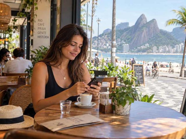 Frau nutzt ihr Smartphone entspannt in einem Café an der Strandpromenade in Rio de Janeiro
