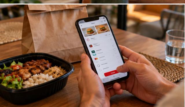 iFood-Checkout auf dem Smartphone mit ausländischer Zahlungskarte neben einer Essensbestellung