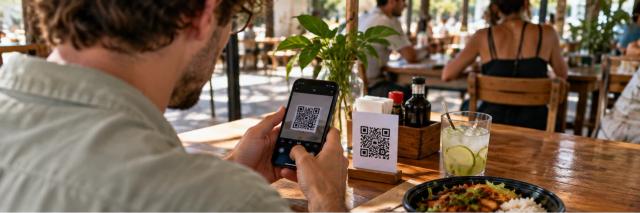 Reisender scannt einen Pix-QR-Code an einem Café-Tisch in Brasilien