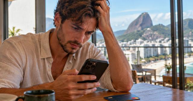 Reisender in Brasilien versucht eine Essensbestellung per Smartphone mit deutscher Kreditkarte zu bezahlen