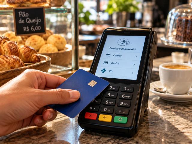 Kontaktlose Kartenzahlung in einem Café in Brasilien mit Kartenlesegerät