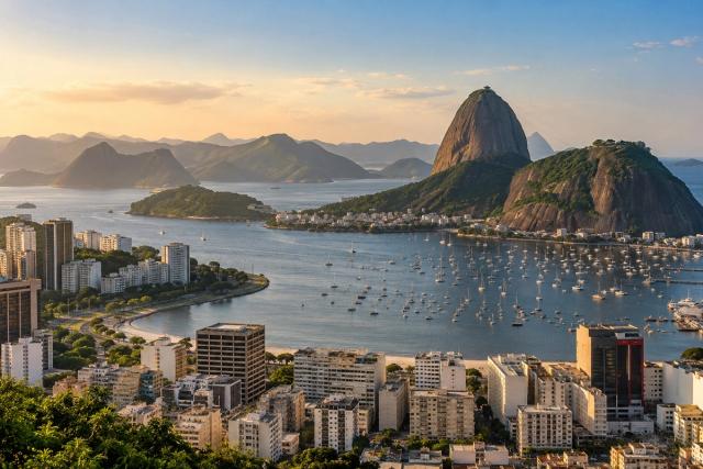 Blick über die Bucht von Botafogo mit Booten und dem Zuckerhut im Abendlicht