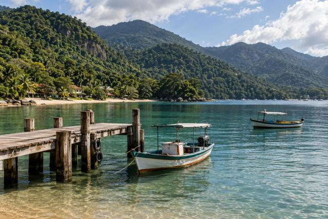 Holzsteg und kleine Boote vor einer bewaldeten Bucht auf Ilha Grande