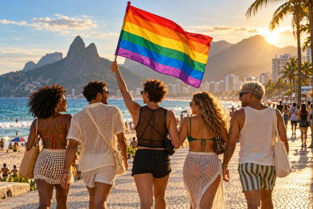 Eine Gruppe mit Regenbogenflagge an einer Strandpromenade in Rio