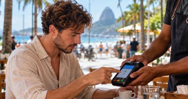 Reisender prüft den Betrag auf einem Kartenlesegerät in einem brasilianischen Café