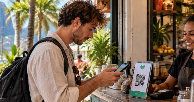 Tourist bezahlt in einem brasilianischen Café per Smartphone an einen Pix-Empfänger