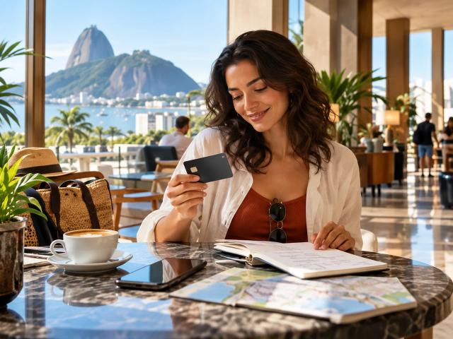Reiseplanung für Brasilien mit Smartphone und Zahlungskarte als Vorbereitung auf Kartenzahlungen