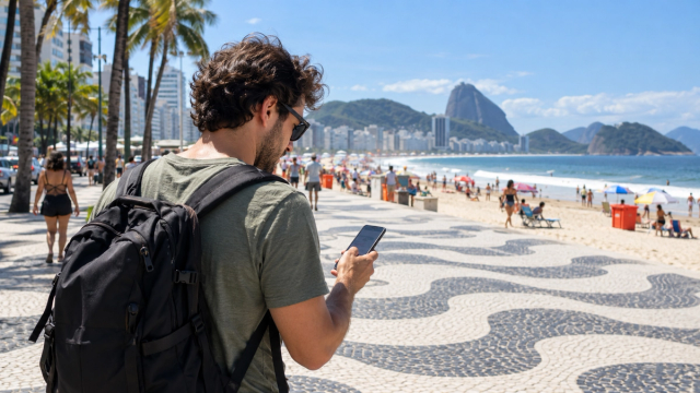 Tourist schaut tagsüber an der Copacabana in Rio de Janeiro kurz auf sein Smartphone.