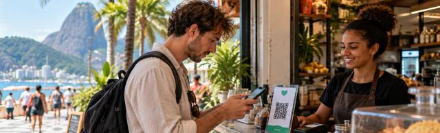 Tourist bezahlt in einem brasilianischen Café per Pix-QR-Code auf dem Smartphone