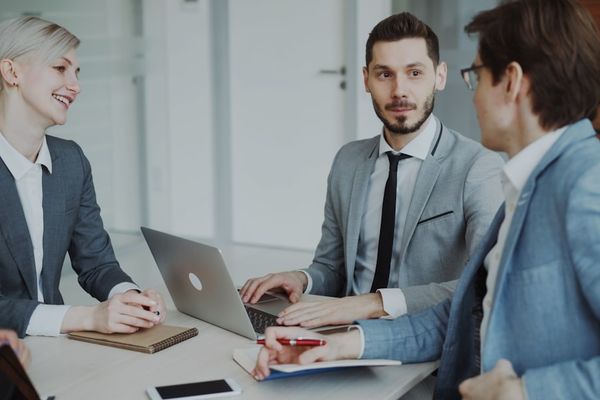 Business professionals in a meeting around a table.