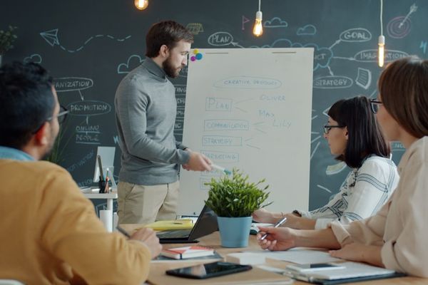 Team collaborating around a whiteboard in a modern office.