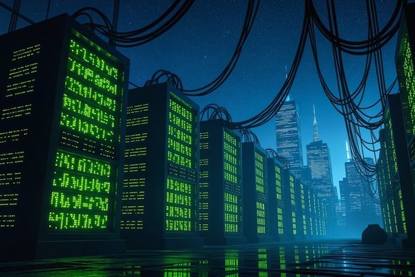 Servers illuminate a futuristic cityscape with a data center.