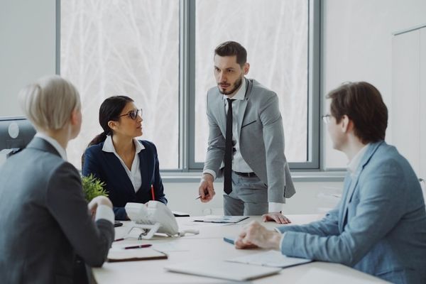 Business professionals in a meeting around a table.