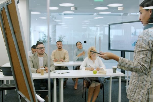 Woman presenting to a group in a modern office.