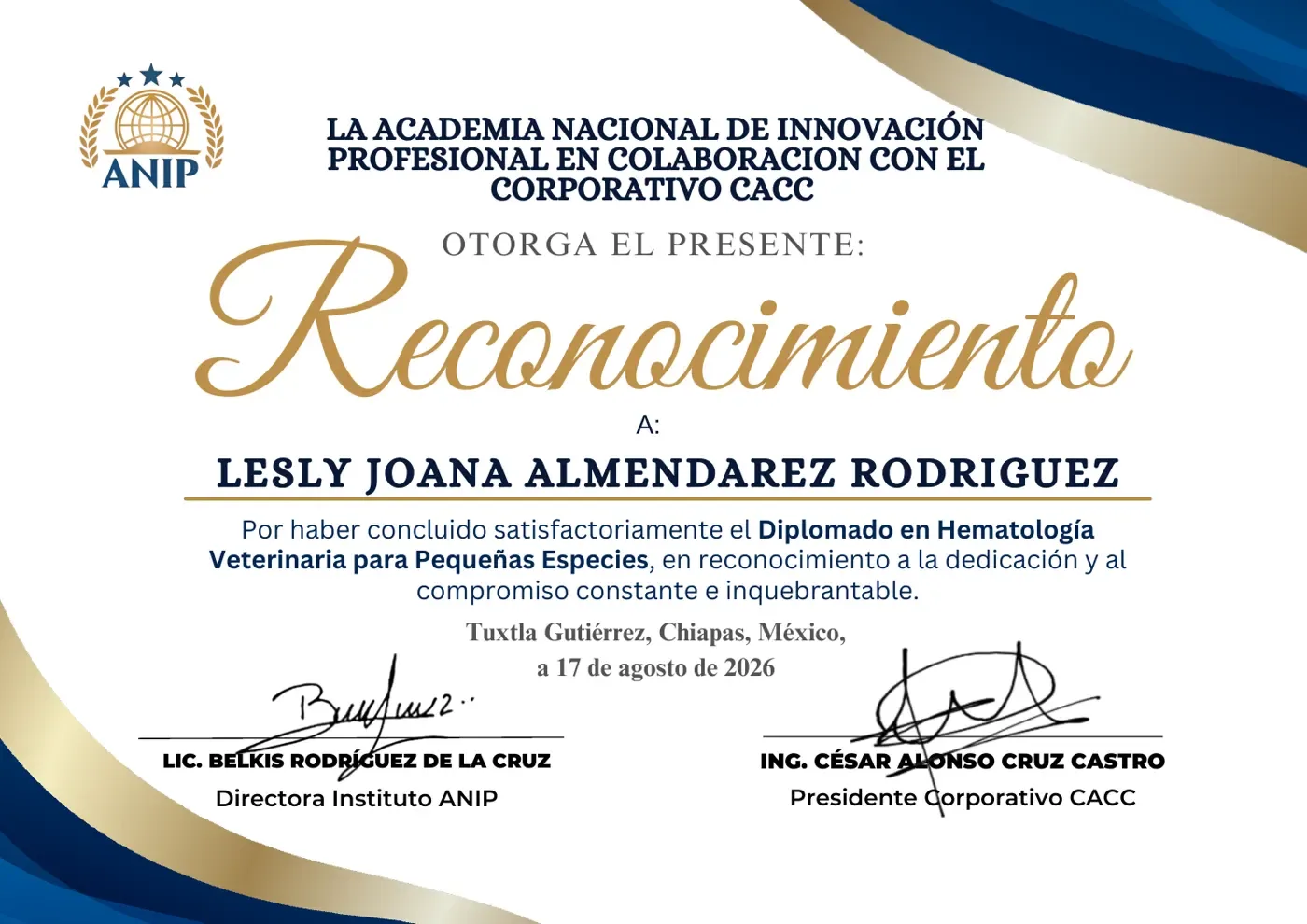 Reconocimiento – Diplomado en Hematología Veterinaria para Pequeñas Especies – Lesly Joana Almendarez Rodríguez