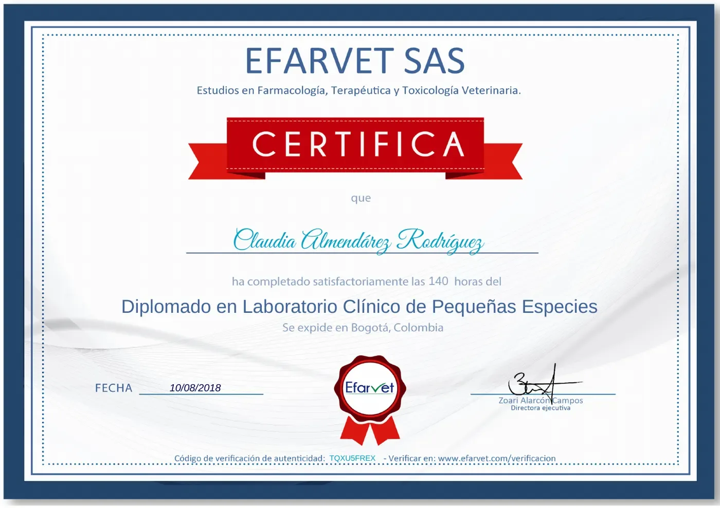 Certificado – Diplomado en Laboratorio Clínico de Pequeñas Especies – Claudia Almendárez Rodríguez