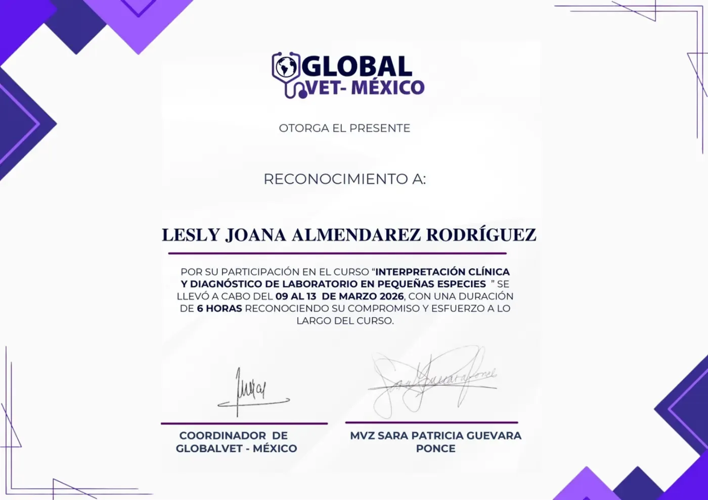 Reconocimiento – Interpretación Clínica y Diagnóstico de Laboratorio en Pequeñas Especies – Lesly Joana Almendarez Rodríguez