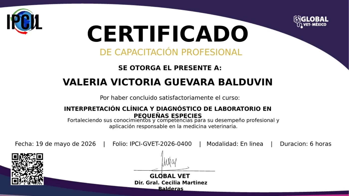 Certificado – Interpretación Clínica y Diagnóstico de Laboratorio en Pequeñas Especies – Valeria Victoria Guevara Balduvin