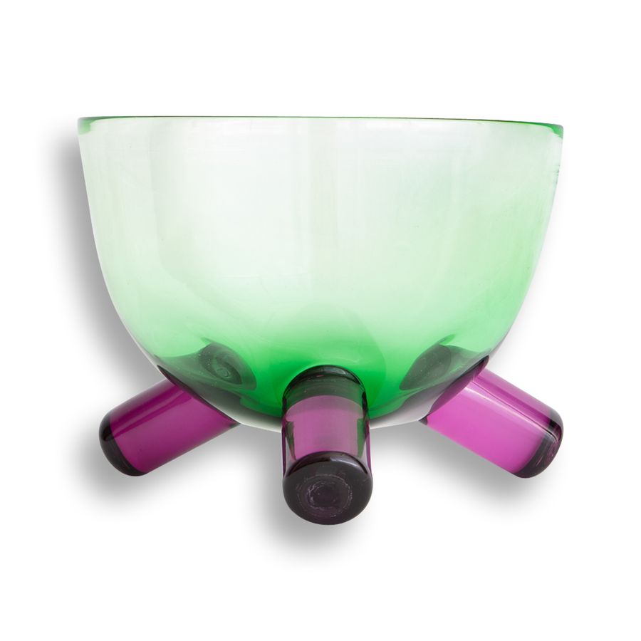 Handmade Glass Tri-Leg Green/Fuchsia Bowl