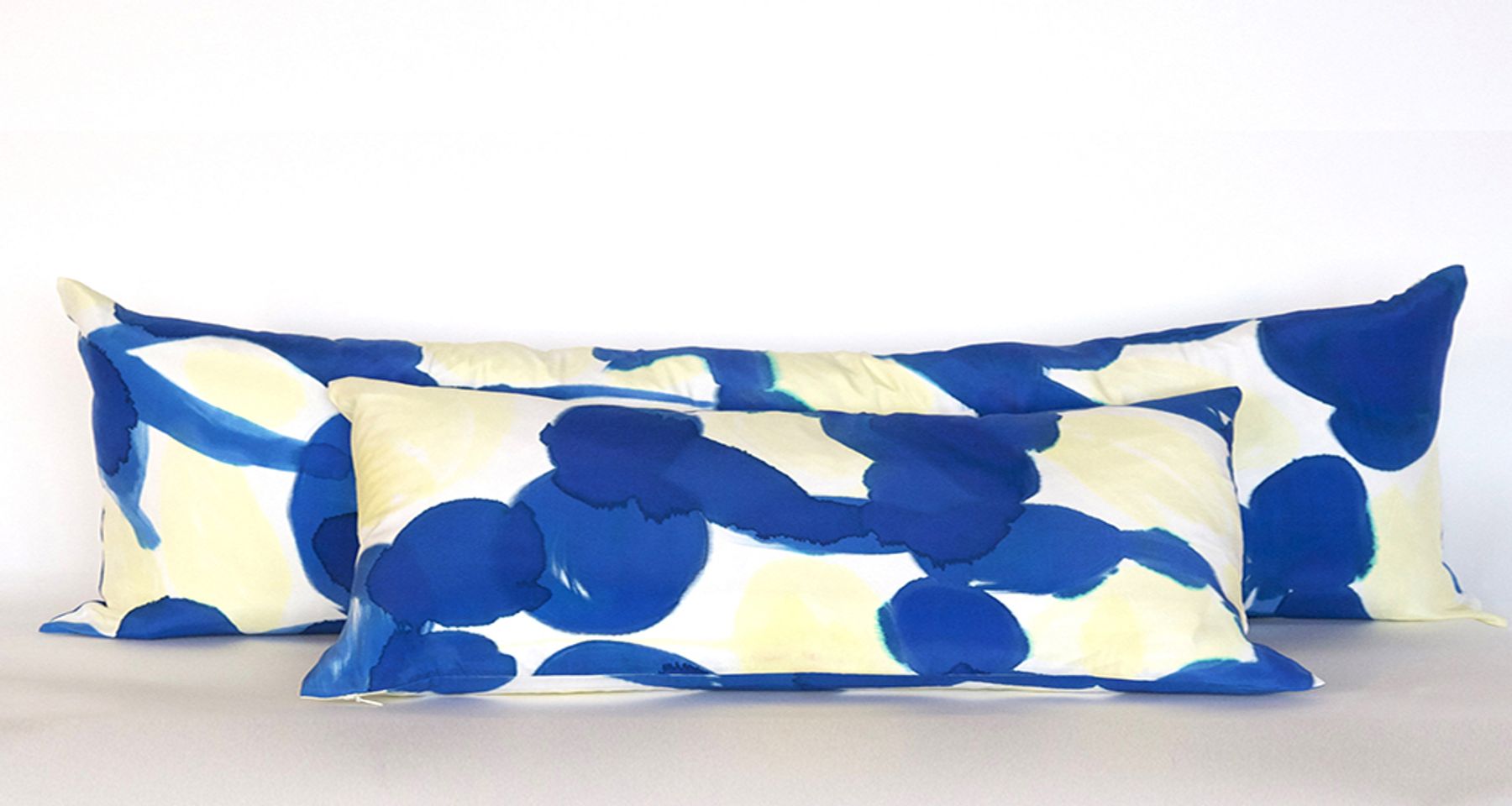 Hand Painted Blue Yellow Molecules Silk Charmeuse Pillow by Fort Makers
