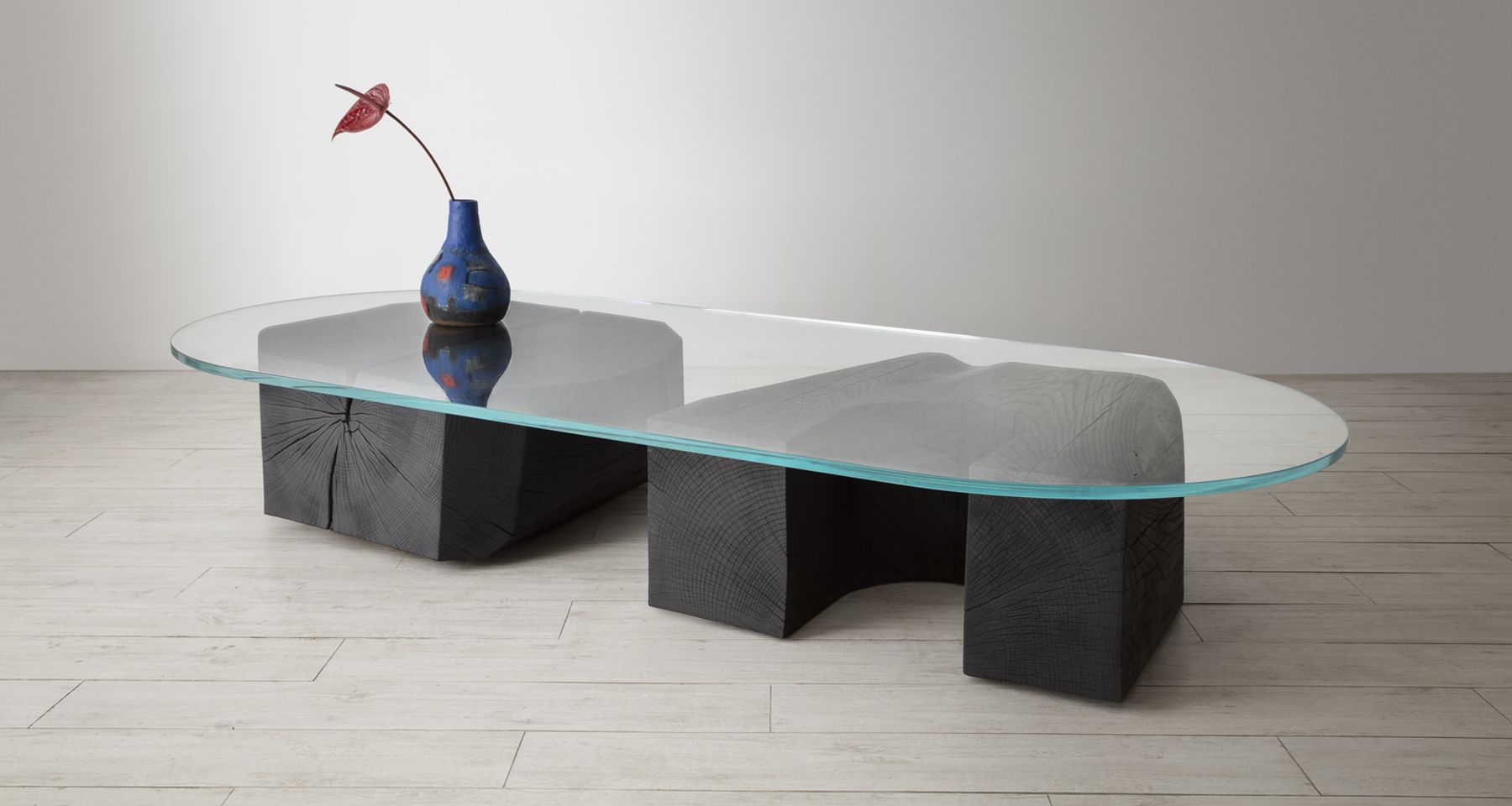 Carved Oak Tumble Table with Tempered Glass by Fort Makers