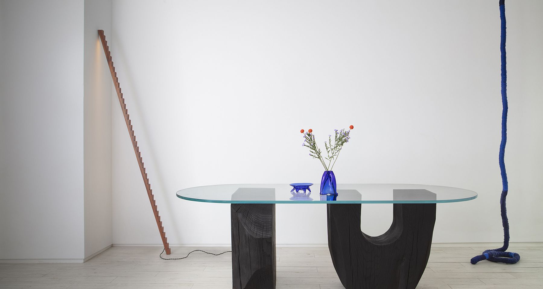 Carved Oak Tumble Table with Tempered Glass by Fort Makers