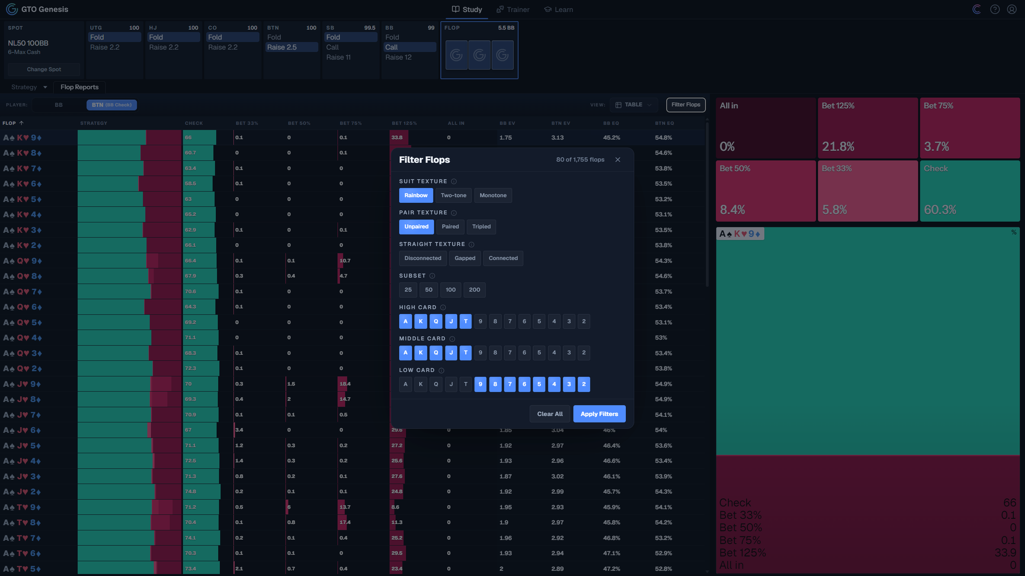 GTO Genesis flop report with the Filter Flops panel open, showing controls for suit texture, pair texture, straight texture, subsets, and card ranks.