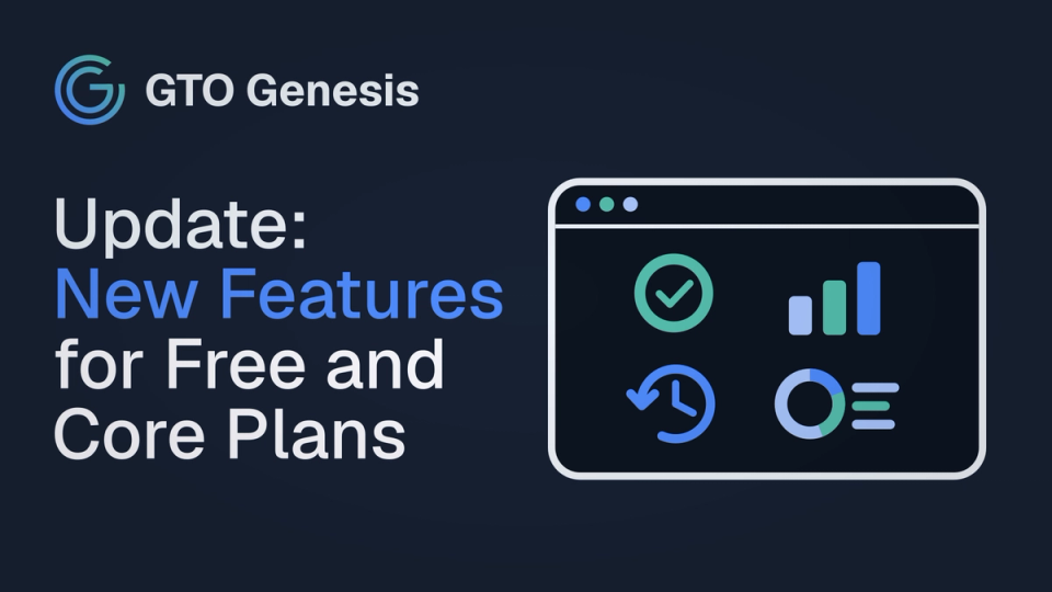 GTO Genesis thumbnail for an update announcing reports access for free users, more spots to study, better trainer history, and study goals.