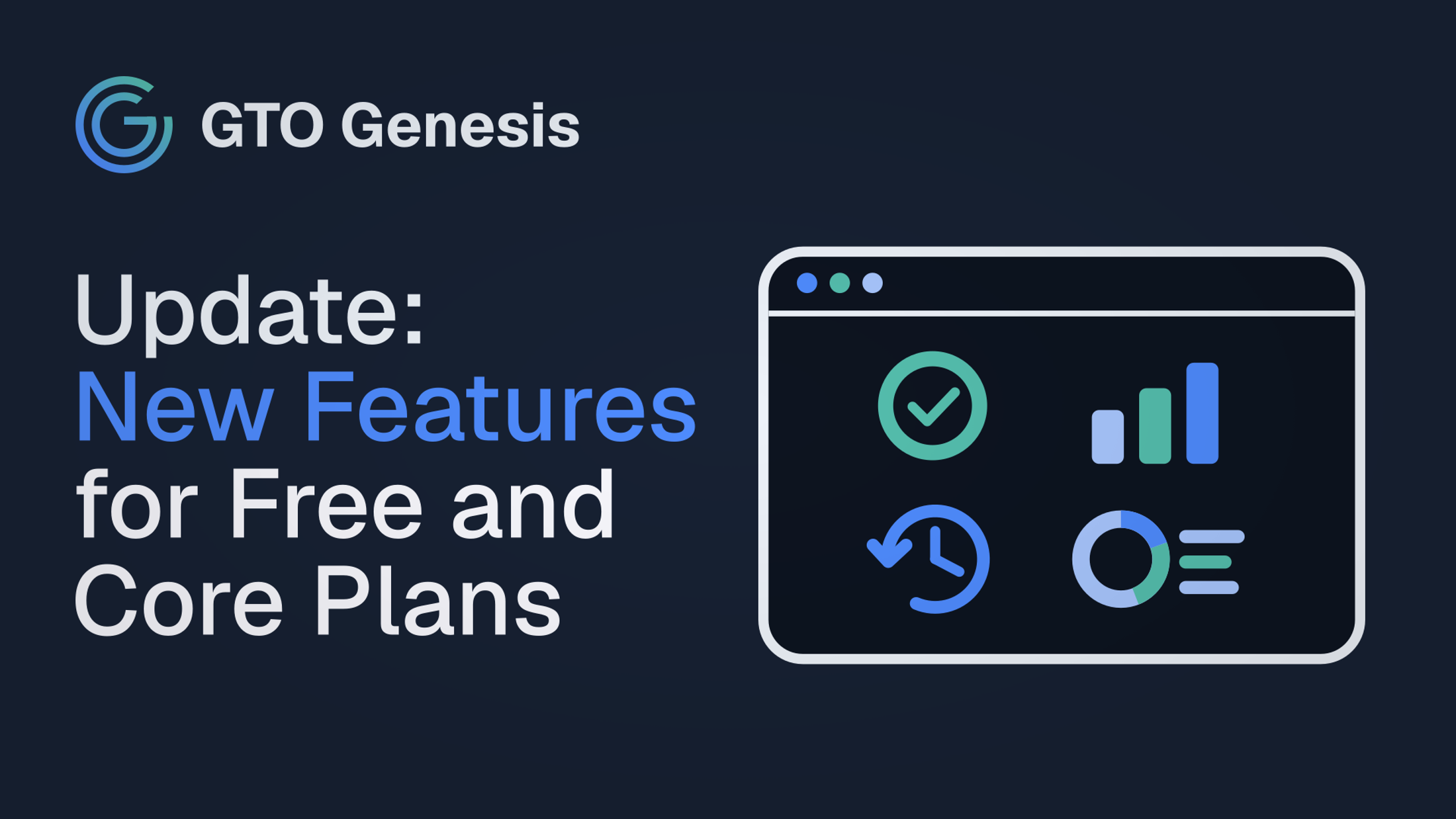 GTO Genesis thumbnail for an update announcing reports access for free users, more spots to study, better trainer history, and study goals.