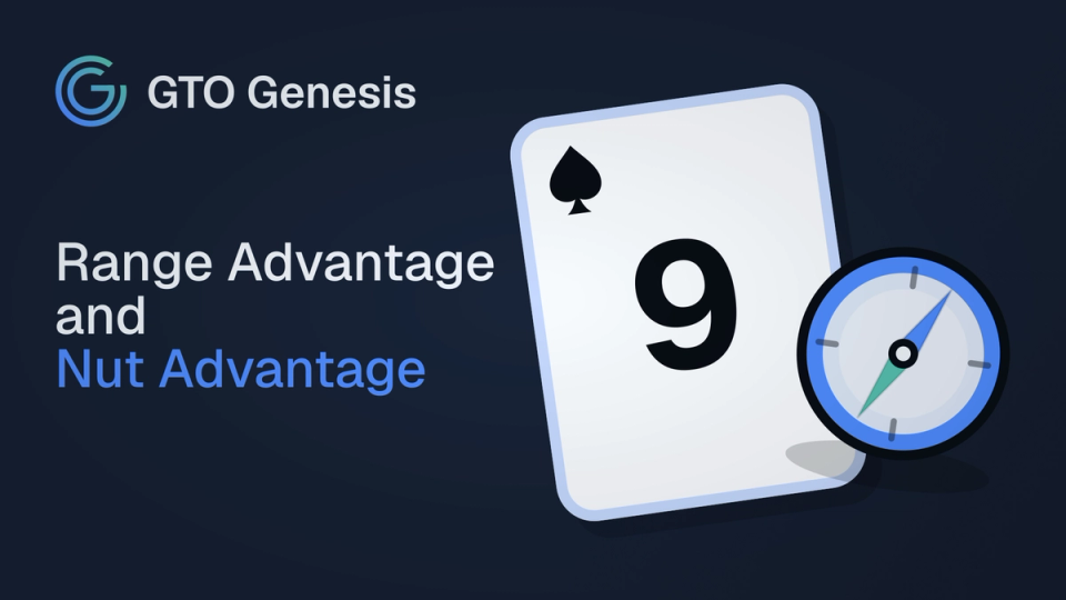 GTO Genesis article cover showing the title Range Advantage and Nut Advantage beside a nine of spades and a compass icon.
