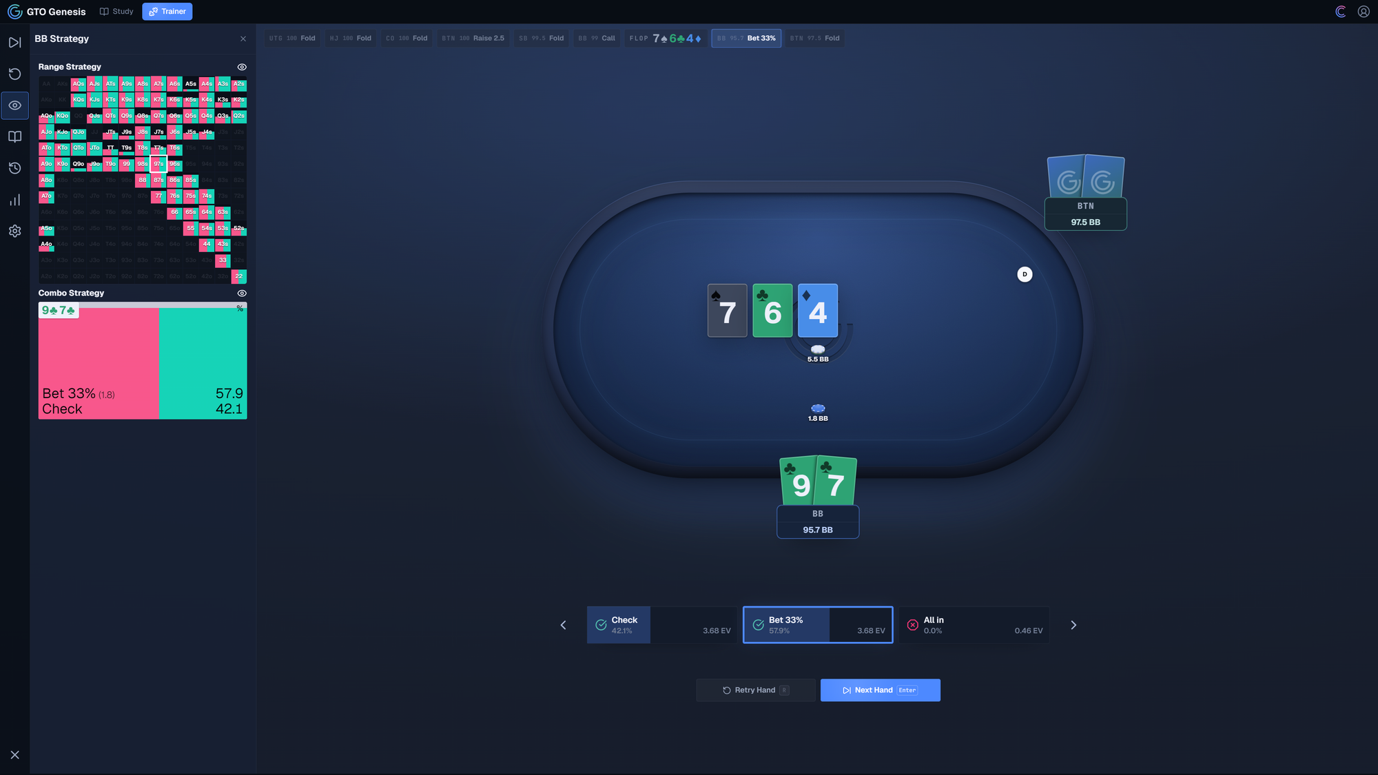 GTO Genesis trainer showing BB holding 97s on a 764 rainbow flop, with a small donk bet option selected.