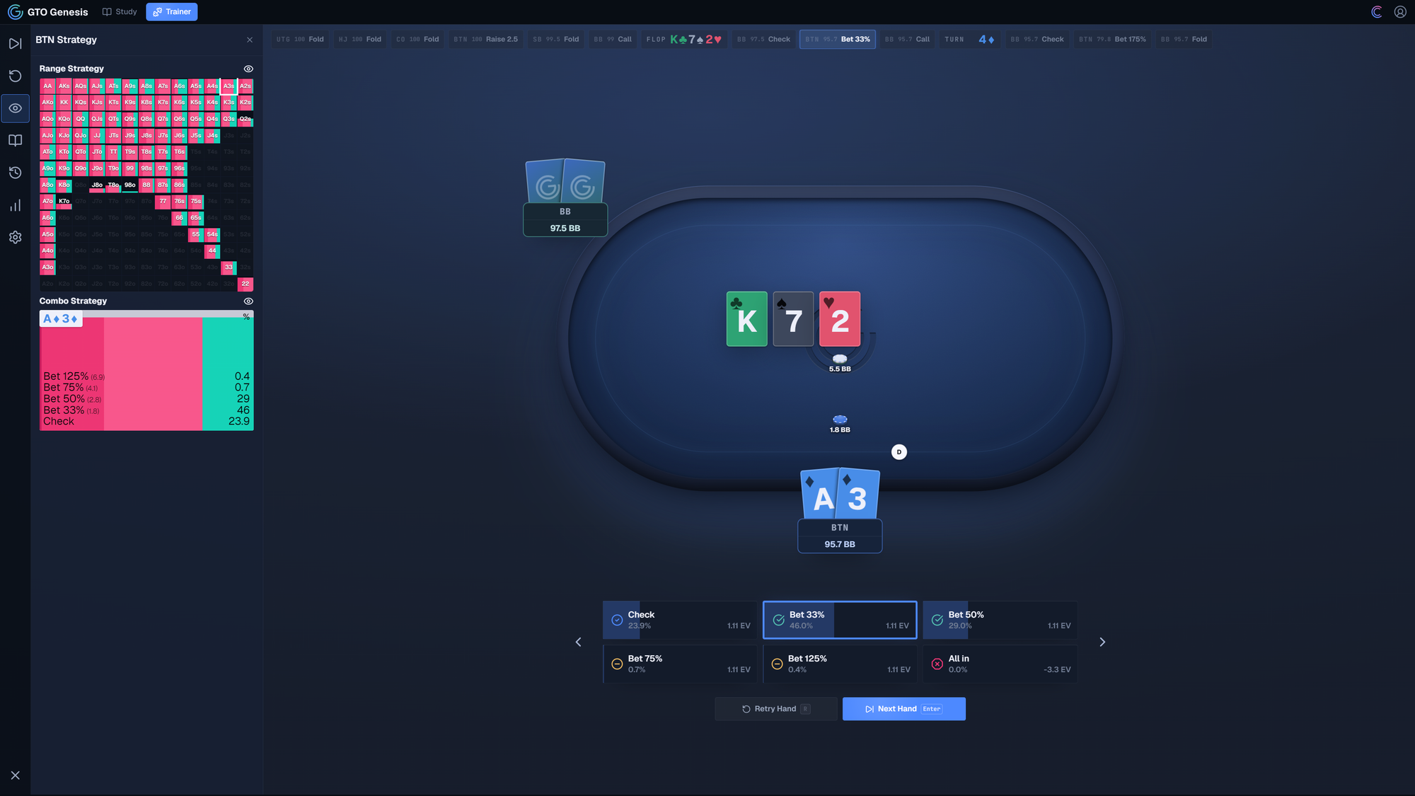 GTO Genesis trainer showing BTN holding A3s on a K72 rainbow flop, with c-bet sizing options and the range grid visible.