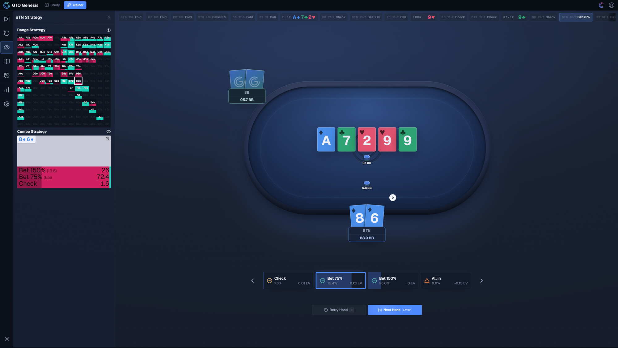 GTO Genesis trainer showing BTN holding 86s on an A7299 river, with large river bet options shown in the action panel.