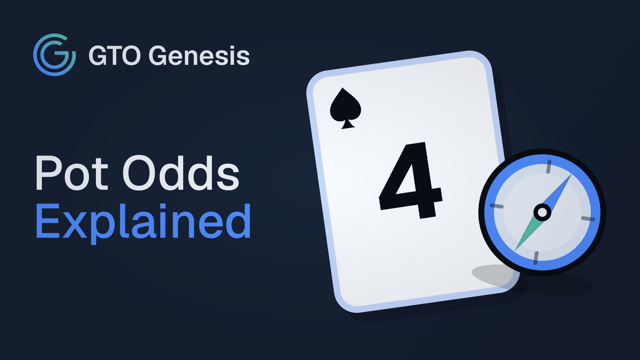 GTO Genesis article cover showing the title Pot Odds Explained beside a four of spades and a compass icon.